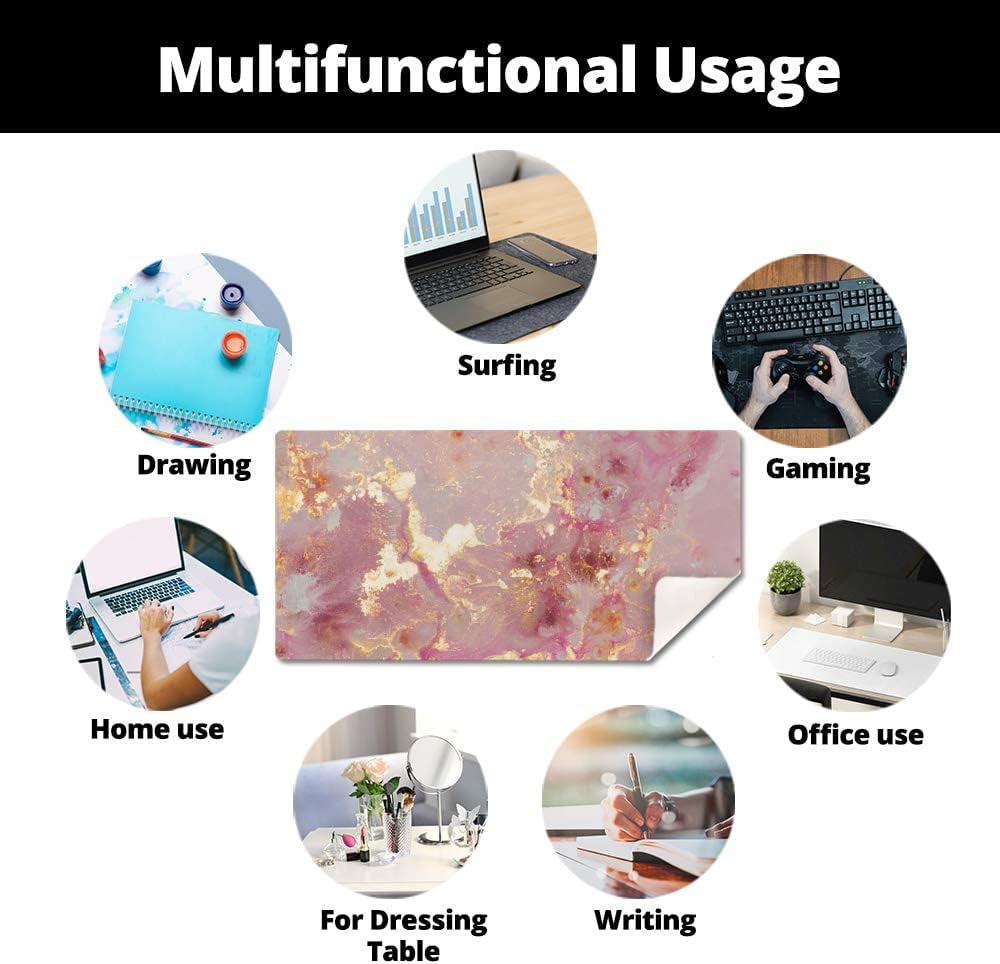 QIYI Large Mouse Pad, Cute Pink Desk Mat for Desktop, Women Girls PU Leather Desk Pad Waterproof Gaming Mousepad, Rose Gold Marble Computer Protector Writing Pad for School Office Home 31.5" X 15.7"