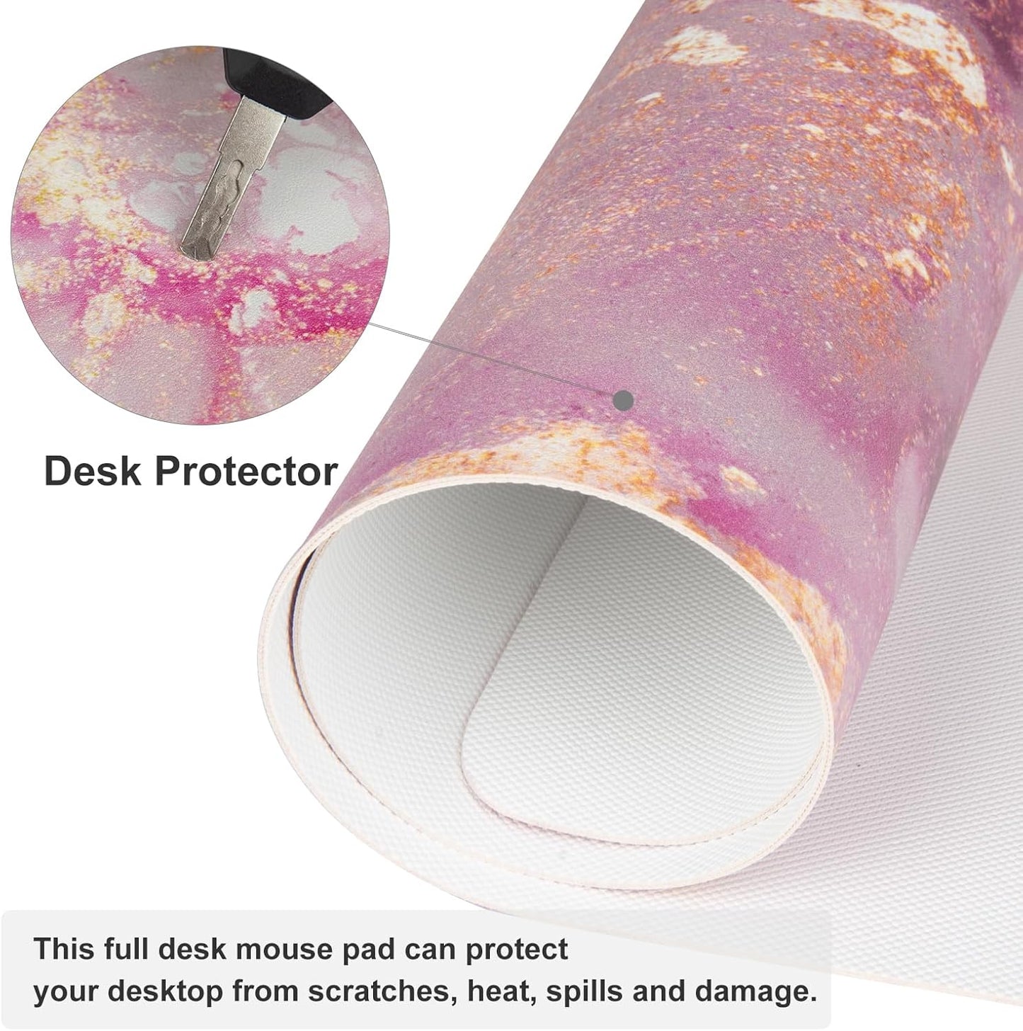 QIYI Large Mouse Pad, Cute Pink Desk Mat for Desktop, Women Girls PU Leather Desk Pad Waterproof Gaming Mousepad, Rose Gold Marble Computer Protector Writing Pad for School Office Home 31.5" X 15.7"