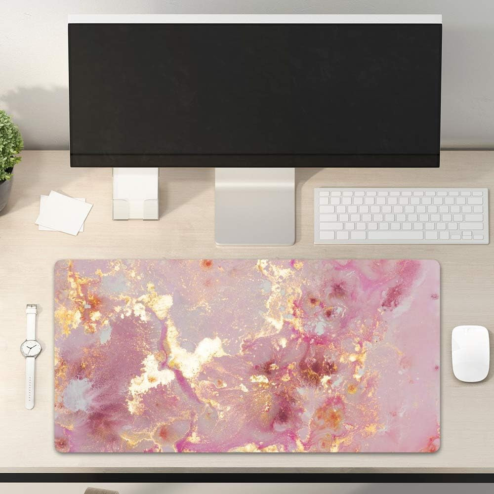 QIYI Large Mouse Pad, Cute Pink Desk Mat for Desktop, Women Girls PU Leather Desk Pad Waterproof Gaming Mousepad, Rose Gold Marble Computer Protector Writing Pad for School Office Home 31.5" X 15.7"