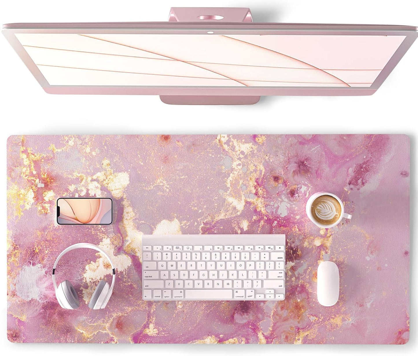 QIYI Large Mouse Pad, Cute Pink Desk Mat for Desktop, Women Girls PU Leather Desk Pad Waterproof Gaming Mousepad, Rose Gold Marble Computer Protector Writing Pad for School Office Home 31.5" X 15.7"