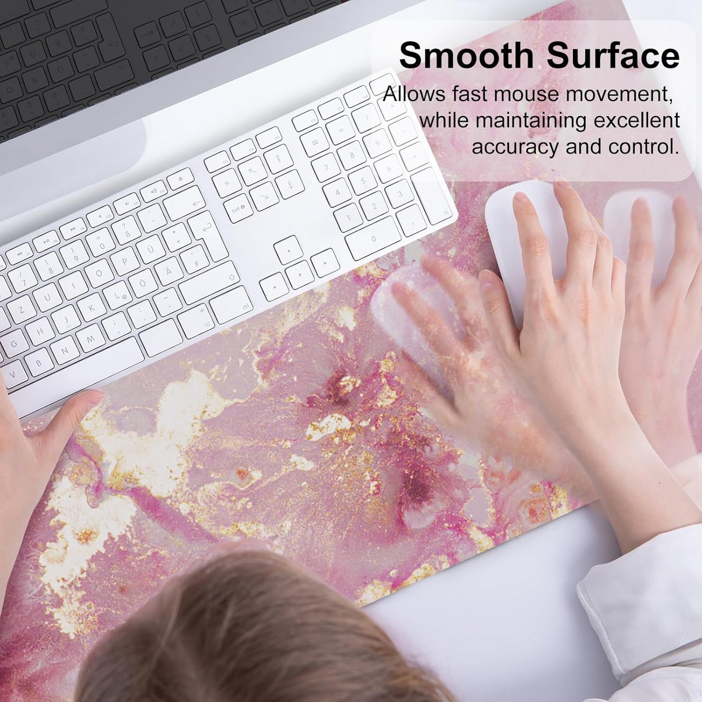 QIYI Large Mouse Pad, Cute Pink Desk Mat for Desktop, Women Girls PU Leather Desk Pad Waterproof Gaming Mousepad, Rose Gold Marble Computer Protector Writing Pad for School Office Home 31.5" X 15.7"