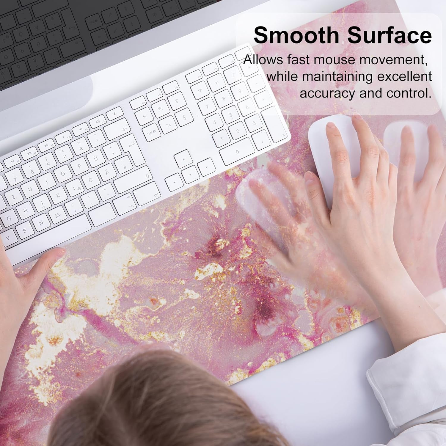 QIYI Large Mouse Pad, Cute Pink Desk Mat for Desktop, Women Girls PU Leather Desk Pad Waterproof Gaming Mousepad, Rose Gold Marble Computer Protector Writing Pad for School Office Home 31.5" X 15.7"